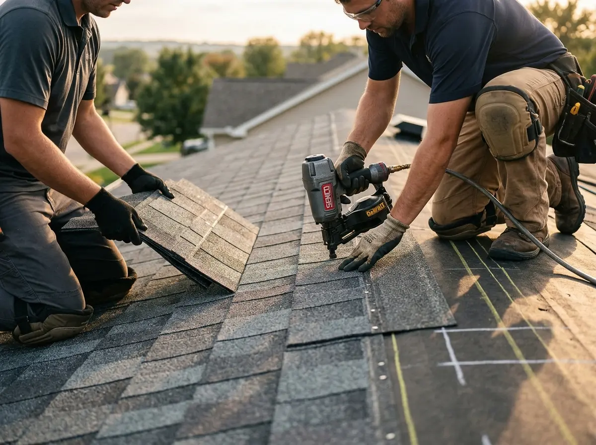 Professional roofer working on a residential roof in Schoolcraft
